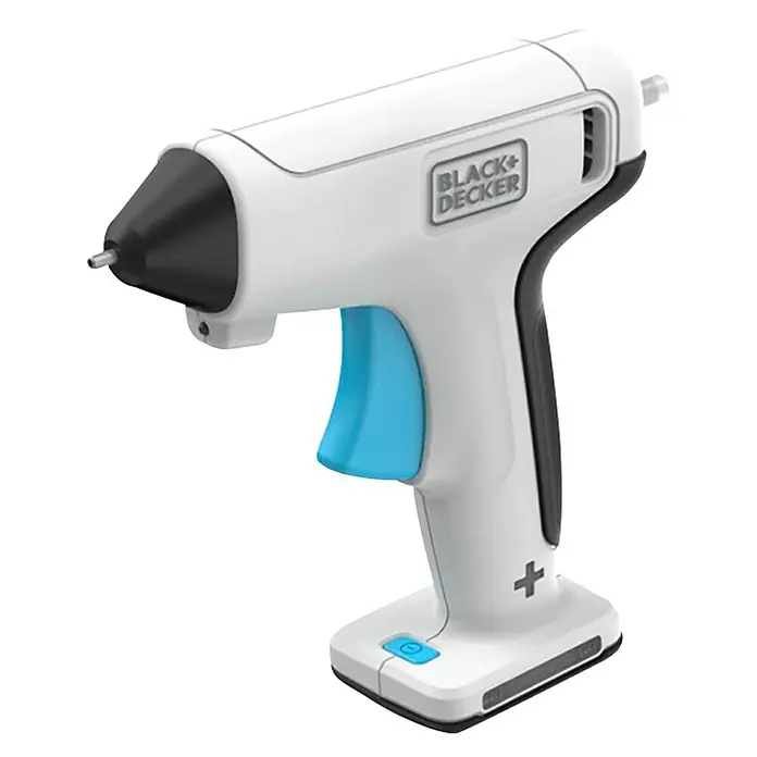 Black+Decker Pistola termoencoladora con batería BCGL115 3,6V-Li - 3,6 V - La imagen muestra una pistola de pegamento inalámbrica Black+Decker en blanco y negro con un gatillo azul. Ideal para manualidades.