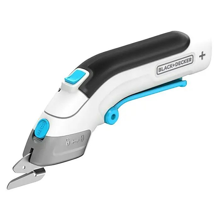 Black+Decker Tijera de batería BCSC115 3,6V-Li - 3,6 V, 1 batería, 1,5 Ah - Primer plano de unas tijeras eléctricas para tela Black+Decker. La herramienta es blanca con detalles en negro y azul y un cabezal de hoja metálica.