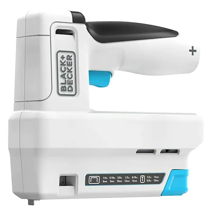Black+Decker Grapadora de batería BCN115-XJ-Li - 3,6 V, 1 batería, 1,5 Ah - Primer plano de una grapadora inalámbrica Black+Decker en blanco y negro con detalles azules.