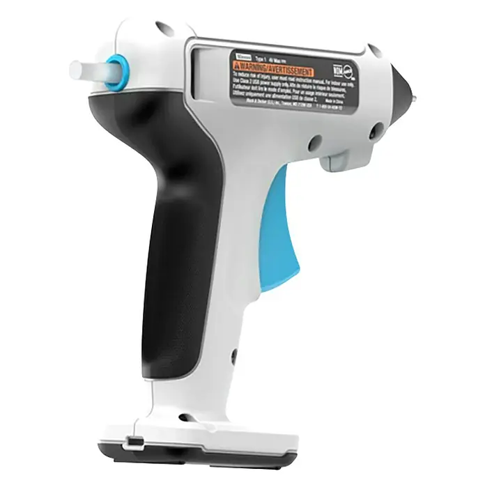 Black+Decker Pistola termoencoladora con batería BCGL115 3,6V-Li - 3,6 V - La imagen muestra una pistola de pegamento inalámbrica blanca y negra con detalles azules, una herramienta práctica para manualidades.