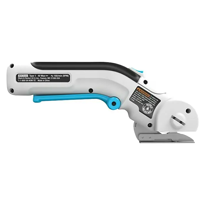 Black+Decker Cúter circular BCRC115-XJ - 3,6 V, 1,5 Ah, Iones de litio - Primer plano de unas tijeras eléctricas para tela con mango azul y blanco, ideales para cortar telas y otros materiales.