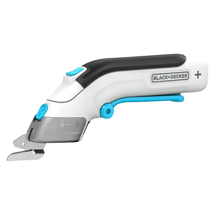 Black+Decker Tijera de batería BCSC115 3,6V-Li - 3,6 V, 1 batería, 1,5 Ah - Primer plano de unas tijeras eléctricas para tela de Black+Decker, ideales para cortar diversos materiales en casa y en manualidades.