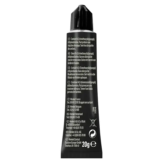 Pattex 100% Repair Spezialkleber - 20 g - Schwarze Tube des Henkel-Klebstoffs mit Warnhinweisen und Kontaktinformationen auf der Rückseite.