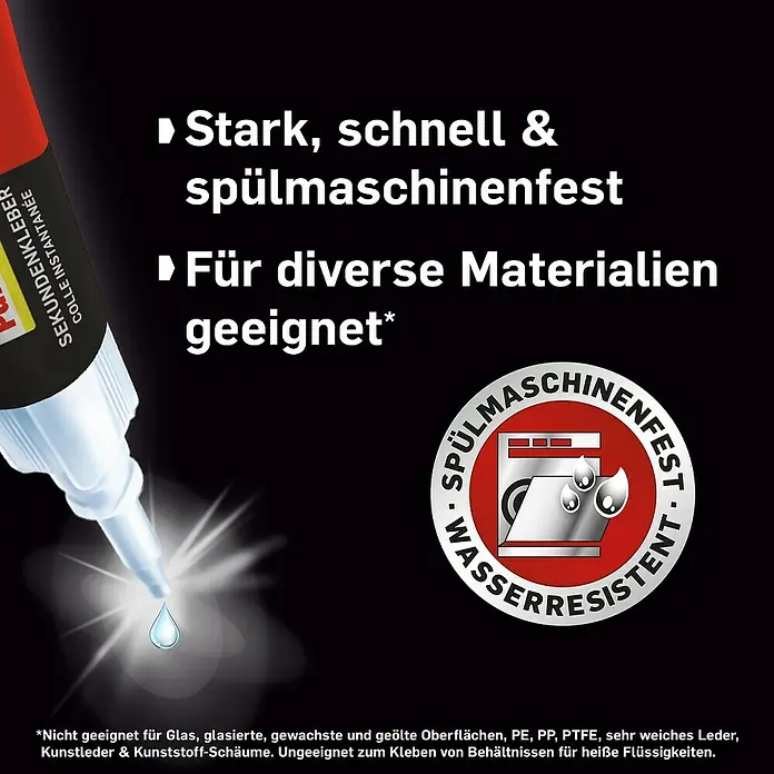 Pattex Sekundenkleber Flüssig - 3 g, Flüssig, Tube, 1 Stk. - Produktabbildung eines blitzschnellen & spülmaschinenfesten Sekundenklebers, geeignet für diverse Materialien.