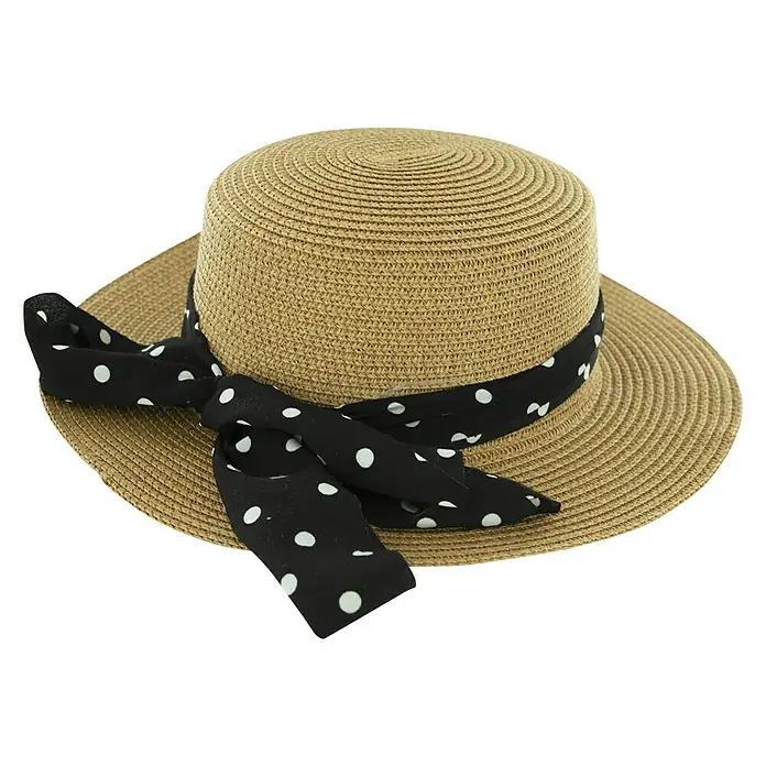 Sonnenhut Ines - Beige, Geeignet für: Damen - Strohhut mit schwarzem, gepunktetem Band. Der ideale Sonnenschutz mit Stil für den Sommer.
