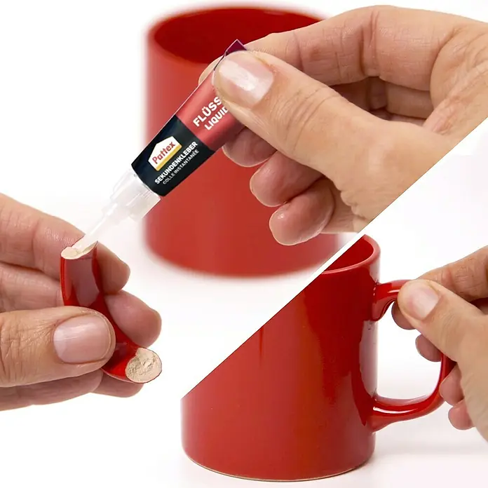 Pattex Kleber-Set Reparatur-Set - 3 -tlg., 1 x Pattex Sekundenkleber Flüssig 3 g, 1 x Pattex Sekundenkleber Ultra Gel 3 g, 1 x Pattex 100 % Repair Powerkleber 8 g - Das Bild zeigt die Anwendung von Pattex Sekundenkleber Flüssig zum Reparieren einer roten Tasse. Ideal für schnelle Reparaturen im Haushalt.