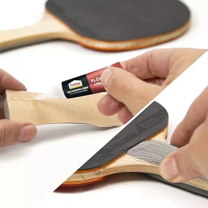 Pattex Kleber-Set Reparatur-Set - 3 -tlg., 1 x Pattex Sekundenkleber Flüssig 3 g, 1 x Pattex Sekundenkleber Ultra Gel 3 g, 1 x Pattex 100 % Repair Powerkleber 8 g - Eine Hand klebt mit Sekundenkleber einen schwarzen Tischtennisbelag auf ein Holzpaddel.