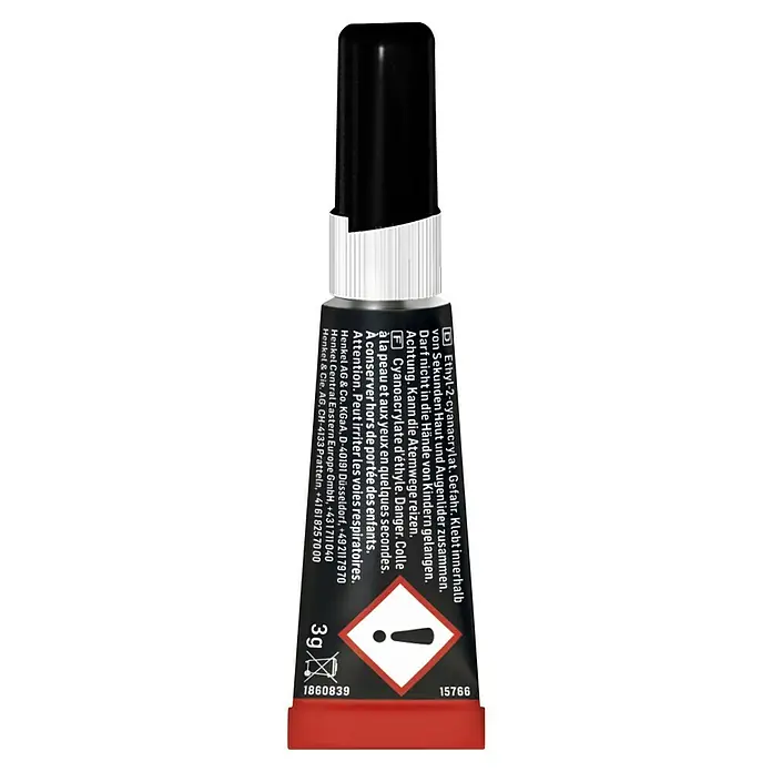 Pattex Sekundenkleber Flüssig - 3 g, Flüssig, Tube, 1 Stk. - Abbildung einer Tube Sekundenkleber von Henkel mit Warnhinweisen und Inhaltsangaben aufgedruckt.