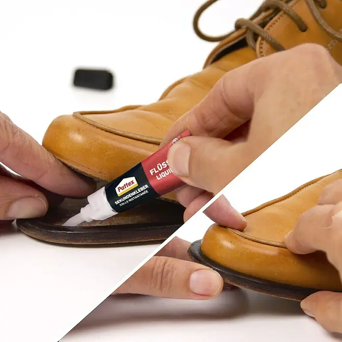 Pattex Kleber-Set Reparatur-Set - 3 -tlg., 1 x Pattex Sekundenkleber Flüssig 3 g, 1 x Pattex Sekundenkleber Ultra Gel 3 g, 1 x Pattex 100 % Repair Powerkleber 8 g - Eine Nahaufnahme von Pattex Flüssigkleber, der verwendet wird, um einen Schuh zu reparieren, wobei die Hand den Kleber präzise aufträgt.