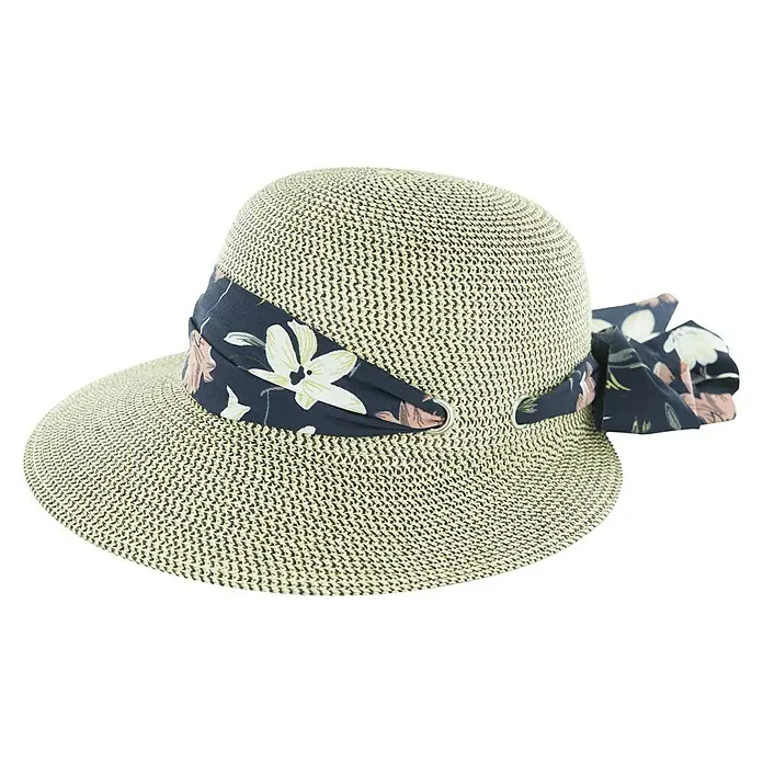 Sonnenhut Kate - Beige/Blau, Geeignet für: Damen - Stilvoller Strohhut mit floralem Band. Perfekt für sonnige Tage, bietet dieser Hut sowohl Schutz als auch einen modischen Akzent.