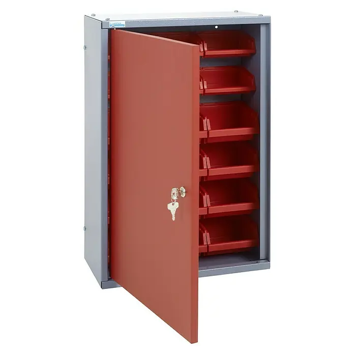 Küpper Hängeschrank - 20 x 40 x 60 cm, Anzahl Türen: 1 Stk. - Metallschrank mit roter Tür und Schlüssel, der fünf rote Behälter im Inneren zeigt. Ideal zur Aufbewahrung und Organisation von Gegenständen.