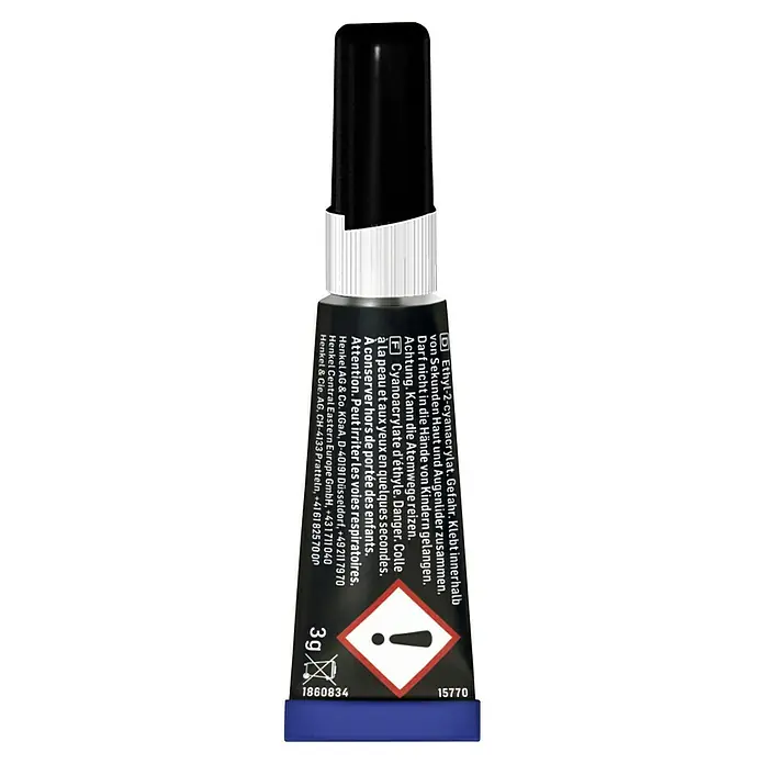 Pattex Sekundenkleber Ultra Gel - 3 g, Tube, Gelartig, 1 Stk. - Detailansicht einer Tube Sekundenkleber mit Warnhinweisen und Inhaltsangaben für sicheren Gebrauch.