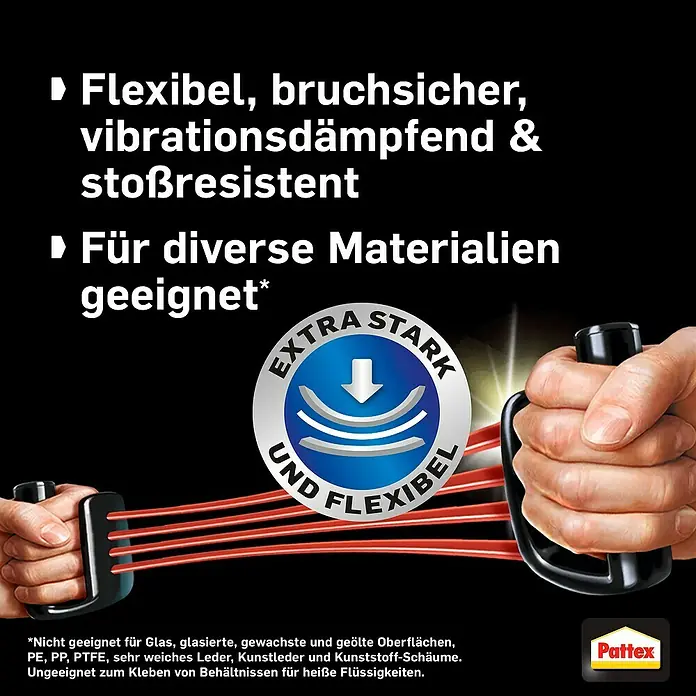 Pattex Sekundenkleber Ultra Gel XL - 10 g, Tube, Gelartig, 1 Stk. - Pattex-Produktwerbung, die seine Flexibilität, Bruchsicherheit, Vibrationsdämpfung und Stoßfestigkeit hervorhebt.