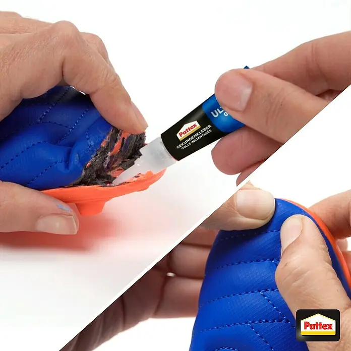 Pattex Sekundenkleber Ultra Gel XL - 10 g, Tube, Gelartig, 1 Stk. - Eine Tube Pattex Sekundenkleber wird verwendet, um einen blauen Schuh mit orangefarbener Sohle zu reparieren.