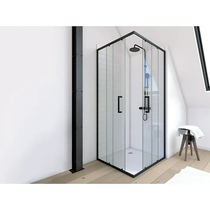 Aurlane Eckdusche Factory - L x B x H: 90 x 90 x 200 cm, Beschichtet, Schwarz, Glasstärke: 6 mm, 47cm Einstiegbreite - Elegante, moderne Duschkabine mit schwarzem Rahmen und klarem Glas, die ein minimalistisches Badezimmerdesign ergänzt und Funktionalität mit Stil vereint.