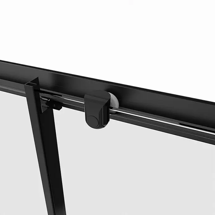 Aurlane Eckdusche Factory - L x B x H: 90 x 90 x 200 cm, Beschichtet, Schwarz, Glasstärke: 6 mm, 47cm Einstiegbreite - Nahaufnahme einer schwarzen Schiebetür mit Beschlägen, die ein elegantes Design und funktionale Details zeigt.
