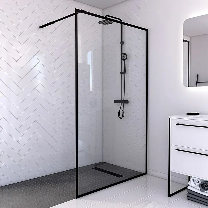 Aurlane Duschwand Factory - B x H: 120 x 200 cm, Beschichtet, Schwarz - Schwarze Duschkabine mit Armatur und Ablaufrinne, die ein modernes Badezimmerdesign bietet. Das minimalistische Design passt gut zu weißen Fliesen.