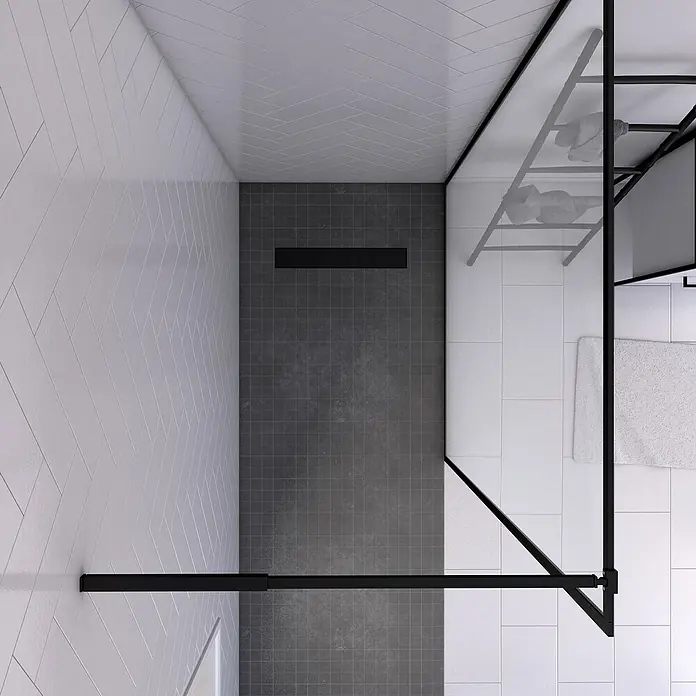 Aurlane Duschwand Factory - B x H: 120 x 200 cm, Beschichtet, Schwarz - Detaillierter Blick auf eine moderne Duschkabine mit schwarzem Rahmen, minimalistischem Design und hellen, sauberen Fliesen.