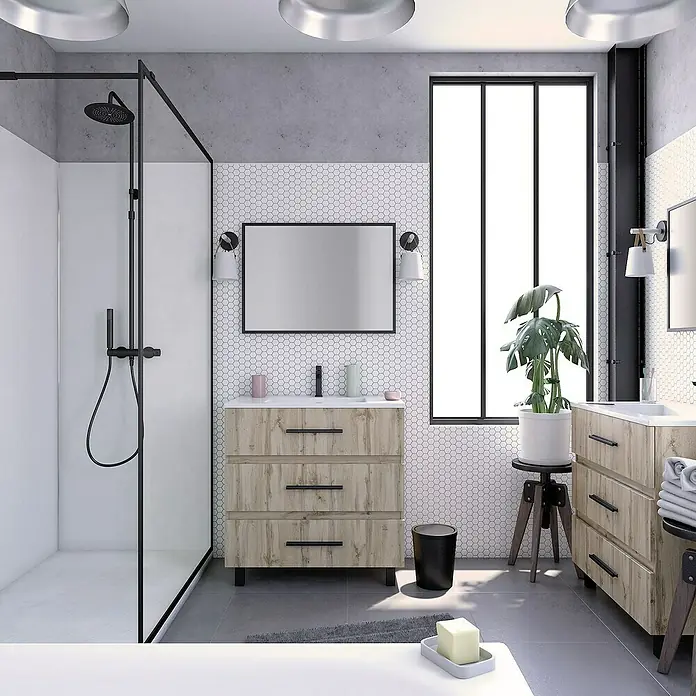Aurlane Duschwand Factory - B x H: 120 x 200 cm, Beschichtet, Schwarz - Modernes Badezimmer mit Dusche, Waschtischunterschrank und Spiegel für ein stilvolles Ambiente.