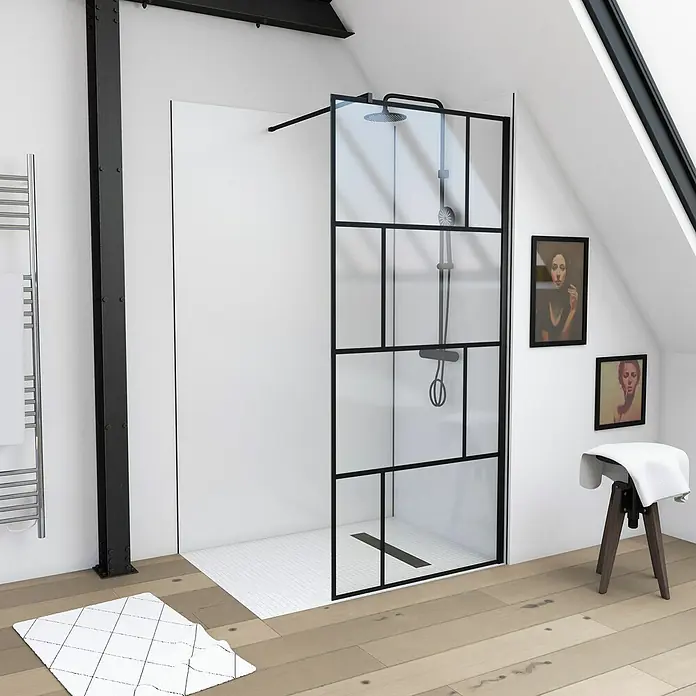 Aurlane Duschwand Bricks - B x H: 90 x 195 cm, Beschichtet, Schwarz - Elegantes Badezimmer mit stilvoller, rechteckiger Duschkabine mit schwarzen Rahmen und Glastüren.