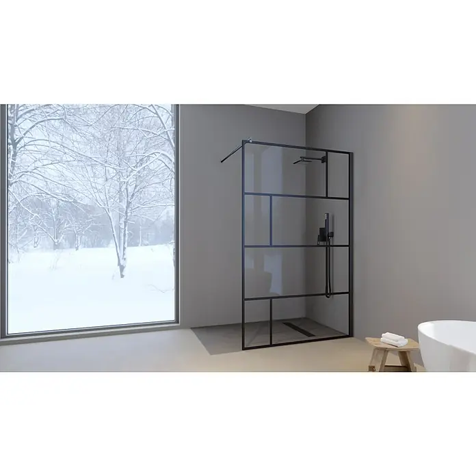 Aurlane Mampara de ducha fija Bricks - An x Al: 120 x 195 cm, Negro - Baño moderno con una elegante cabina de ducha con marco negro, que destaca el diseño contemporáneo del espacio.