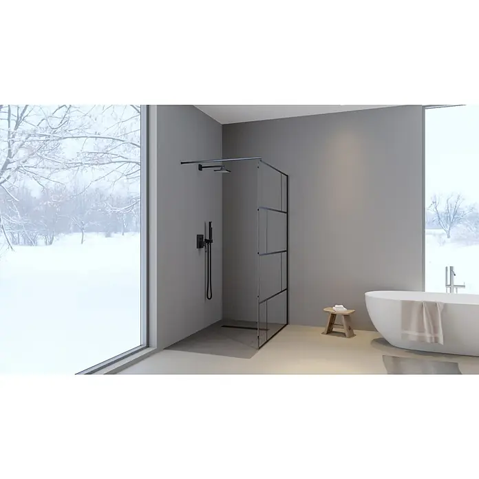 Aurlane Mampara de ducha fija Bricks - An x Al: 120 x 195 cm, Negro - Baño moderno con ducha a ras de suelo, bañera y ventana con un paisaje invernal. El diseño es minimalista y elegante.