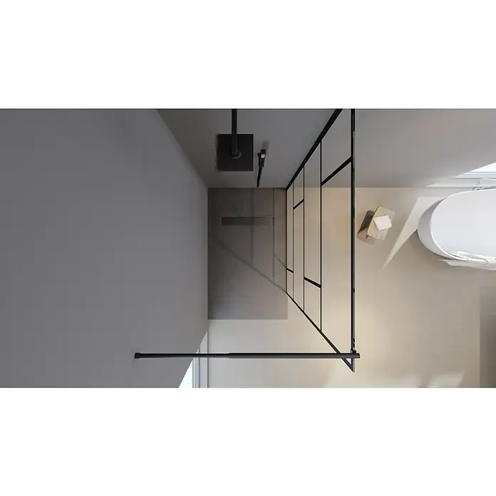 Aurlane Mampara de ducha fija Bricks - An x Al: 120 x 195 cm, Negro - Vista superior de un baño con una moderna cabina de ducha con estructura negra y una bañera exenta.
