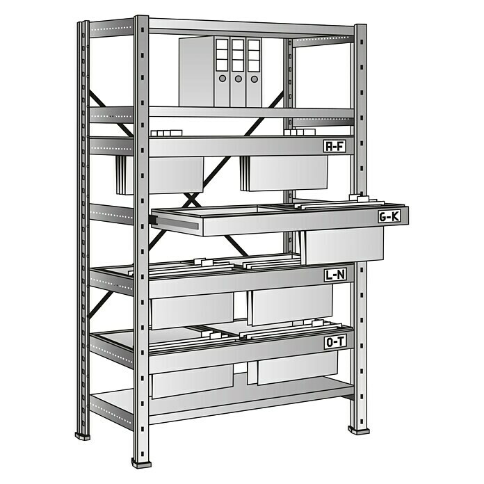 Scholz System Metall-Registraturregal Grundelement (430 x 850 x 1.920 mm, Traglast: 100 kg/Rahmen, Stecken)