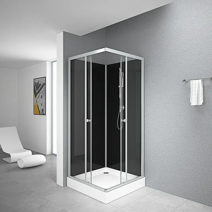 Aurlane Cabina de ducha completa Soft - 80 x 80 x 195 cm, Gris plata - Cabina de ducha con paneles de vidrio transparente y marcos plateados, complementando un diseño de baño moderno y limpio. El producto es visualmente atractivo.