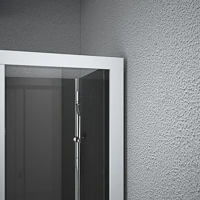 Aurlane Cabina de ducha completa Soft - 80 x 80 x 195 cm, Gris plata - Primer plano de un recinto de ducha con marco blanco y ducha de mano en el interior, que muestra un diseño de baño moderno.