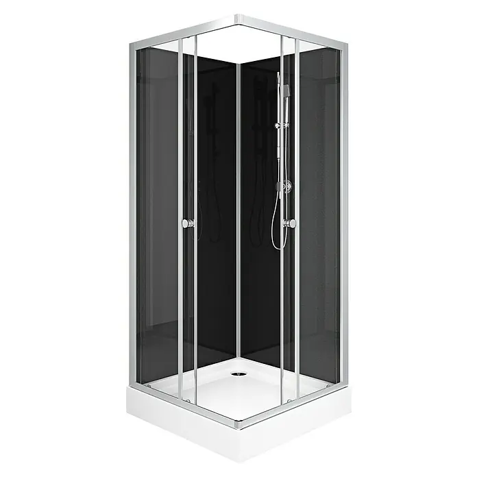 Aurlane Cabina de ducha completa Soft - 80 x 80 x 195 cm, Gris plata - Imagen de una cabina de ducha con paneles de vidrio oscuros y marcos plateados. Dentro de la cabina hay un juego de ducha.