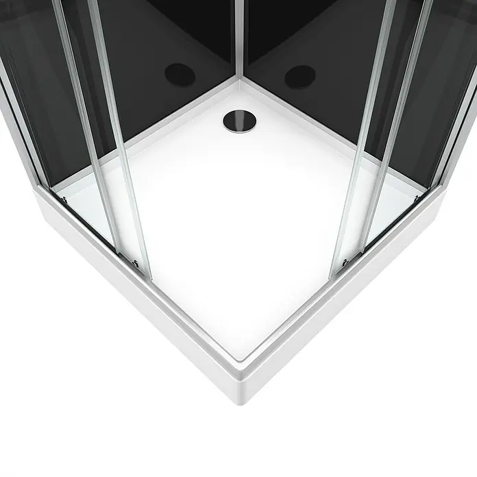 Aurlane Cabina de ducha completa Soft - 80 x 80 x 195 cm, Gris plata - Primer plano de una cabina de ducha con puertas correderas y un plato de ducha blanco con desagüe en el centro.