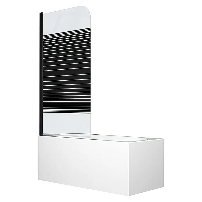 Aurlane Badewannenaufsatz Black Lines - B x H: 75 x 140 cm, 1 Stk., Schwarz - Eine Badewanne mit einer Duschwand, die mit schwarzen horizontalen Linien gestaltet ist, die für einen modernen Look sorgen.