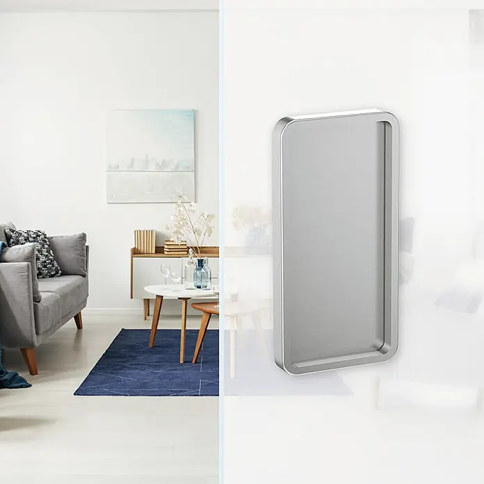 Diamond Doors Griffmuschel Square - Edelstahloptik matt, 115 x 58 mm - Das Bild zeigt einen modernen, rechteckigen Wandspiegel mit abgerundeten Ecken in einem minimalistischen Design, das jedem Raum Eleganz verleiht.