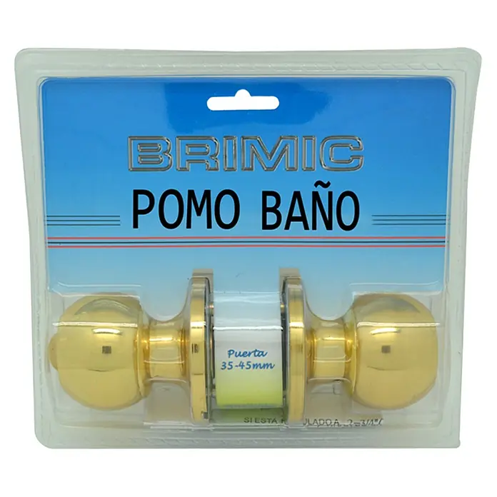 Micel Brimic Pomo giratorio del baño - Latón, Dorado - Primer plano de un nuevo pomo de puerta de baño BRIMIC, empaquetado en un embalaje de plástico transparente.