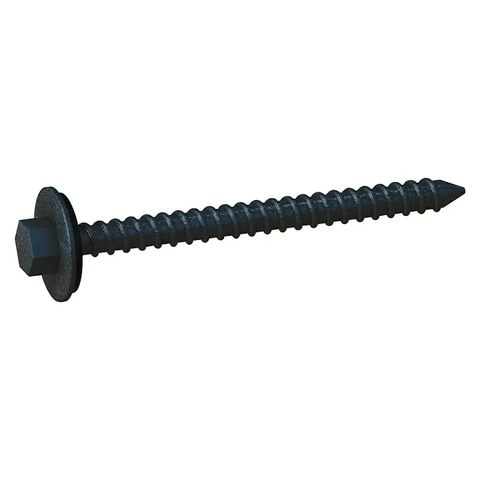 Sarei Piccolo Fassadenschraube - Ø x L: 6 x 38 mm, Edelstahl, 25 Stk., Anthrazit - Nahaufnahme einer schwarzen Blechschraube mit Sechskantkopf und Unterlegscheibe. Das Metallgewinde ist gut erkennbar.