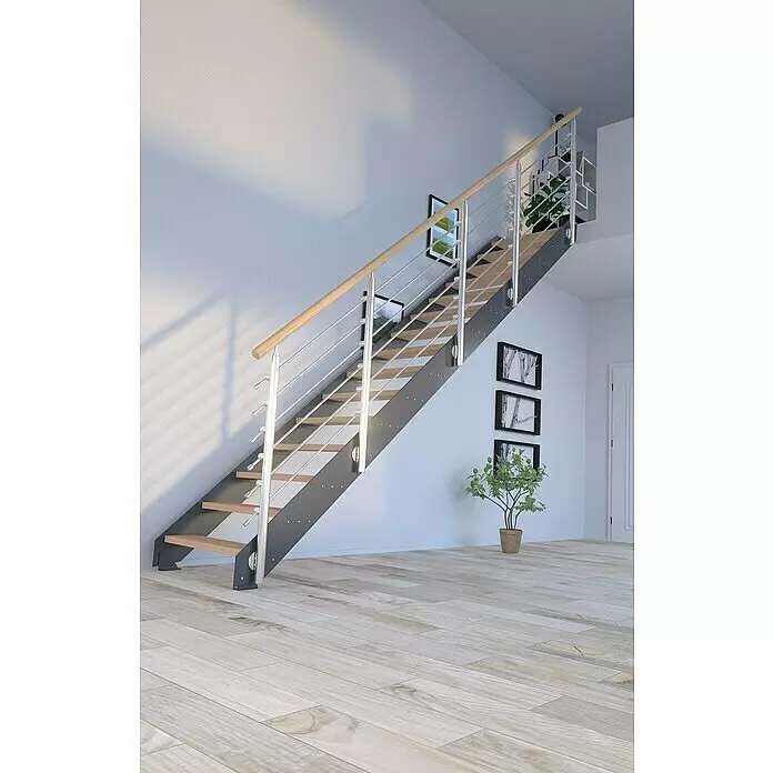 Starwood Wangentreppe Kos - Farbton Metall: DB 703, Breite: 89 cm, Eiche, Geschosshöhe: 260 cm - 320 cm, Gerade, Designgeländer unbehandelt, Stufen unbehandelt - Moderne Innentreppe mit hellen Holzstufen, dunkelgrauem Metallrahmen und Edelstahlgeländer, in zeitgemäßem Ambiente.