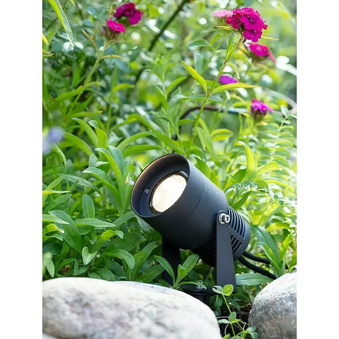 Garden 24 LED-Spotstrahler - 3 W, Mit Erdspieß, L x B x H: 9 x 9 x 30 cm, Schwarz - Nahaufnahme einer schwarzen Gartenleuchte, die zwischen grünen Pflanzen und Steinen steht, mit hellem Lichtschein.