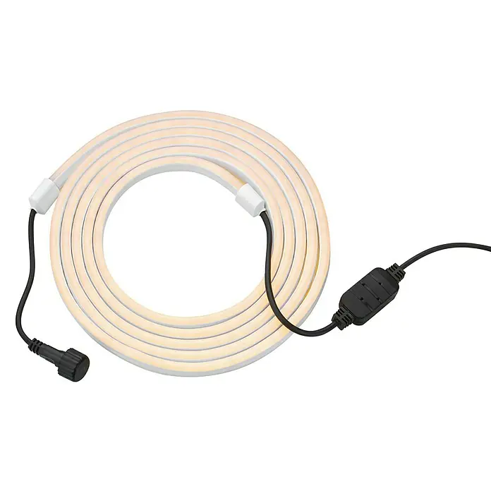 Garden 24 LED-Stripes - 3 m, Warmweiß - Nahaufnahme einer LED-Neonröhre, die zu einem Kreis geformt ist, mit schwarzem Kabel und Anschluss. Perfekt für Akzentbeleuchtung.