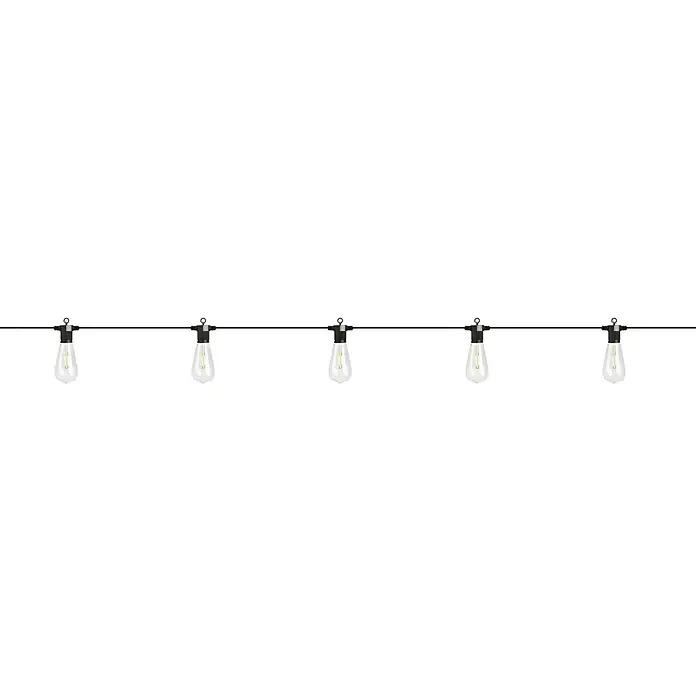 Garden 24 LED-Lichterkette - Außen, 550 mm, Lichtfarbe: Warmweiß, Oval - Eine Lichterkette mit fünf klaren Edison-Glühbirnen, die an einem schwarzen Kabel hängen, ideal für eine stimmungsvolle Beleuchtung im Freien.