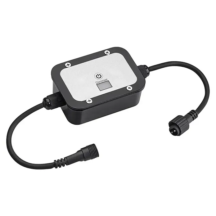 Garden 24 Bewegungsmelder Dimmer - Schwarz, L x B x H: 10 x 10 x 3,5 cm - Ein quadratischer, schwarzer Dimmer mit einem silbernen Bedienfeld und Kabeln mit Steckern.