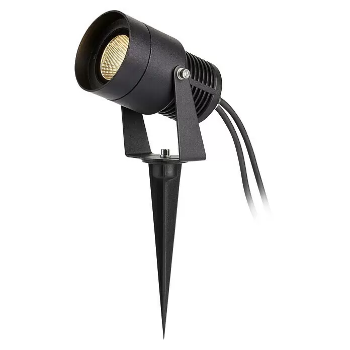 Garden 24 LED-Spotstrahler - 15 W, Erdspieß, L x B x H: 9 x 9 x 13,5 cm, Schwarz - Schwarzer Außenstrahler mit goldener LED-Leuchte, montiert auf einem verstellbaren Kopf und einem Erdspieß, mit sichtbaren Stromkabeln.