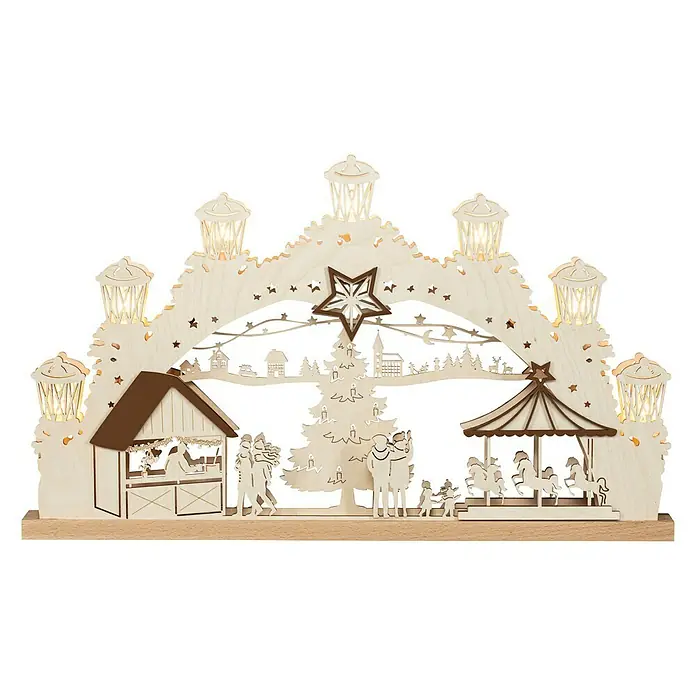 Schwibbogen 3D Weihnachtsmarkt - Batteriebetrieben, 4,5 x 52 x 30,5 cm, Natur - Stimmungsvoller Lichterbogen mit Weihnachtsmarkt-Szene, beleuchtet mit warmen Lichtern. Festliche Dekoration für die Weihnachtszeit.