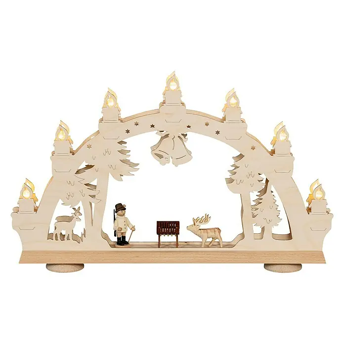 Schwibbogen 3D Jäger im Wald - Batteriebetrieben, 6,2 x 47 x 31 cm, Natur, Jäger im Wald - Festlicher Schwibbogen mit traditionellen Figuren und warmem Kerzenlicht, ideal für die Weihnachtszeit.