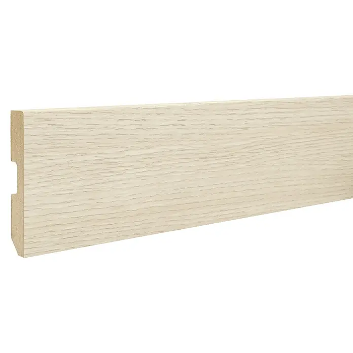 LOGOCLIC Rodapié Roble Monik - 220 cm x 15 mm x 80 mm, MDF - Rodapié de madera clara con un grano distintivo y una ranura en la parte posterior, ideal para cualquier habitación. Aporta calidez y estilo a tu hogar.