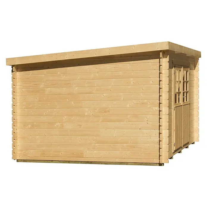 Kiehnholz Gartenhaus Espoo 474 - Außenmaß inkl. Dachüberstand (B x T): 323 x 321 cm, Holz, Natur - Ein helles Holzgartenhaus mit flachem Dach und Doppeltür mit Fenstern, ideal für zusätzlichen Stauraum im Außenbereich.