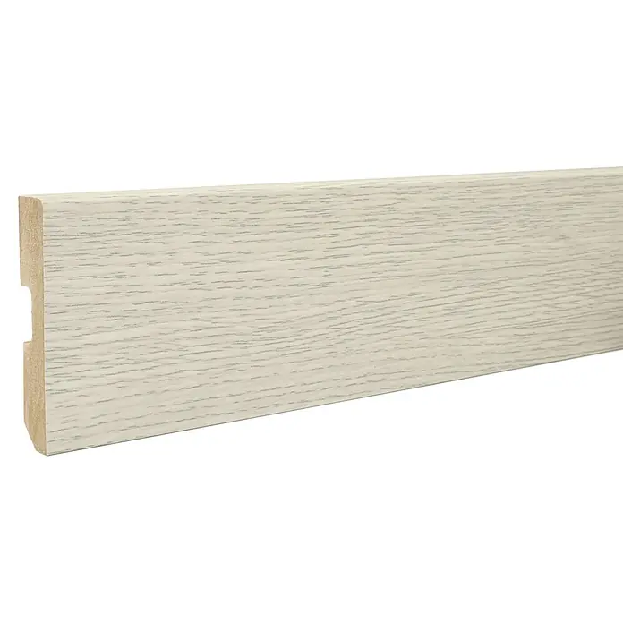 LOGOCLIC Rodapié Roble Baltimore - 220 cm x 15 mm x 80 mm, MDF - Un solo perfil de zócalo de madera de color claro con grano fino y una parte posterior fresada para la gestión o fijación de cables.