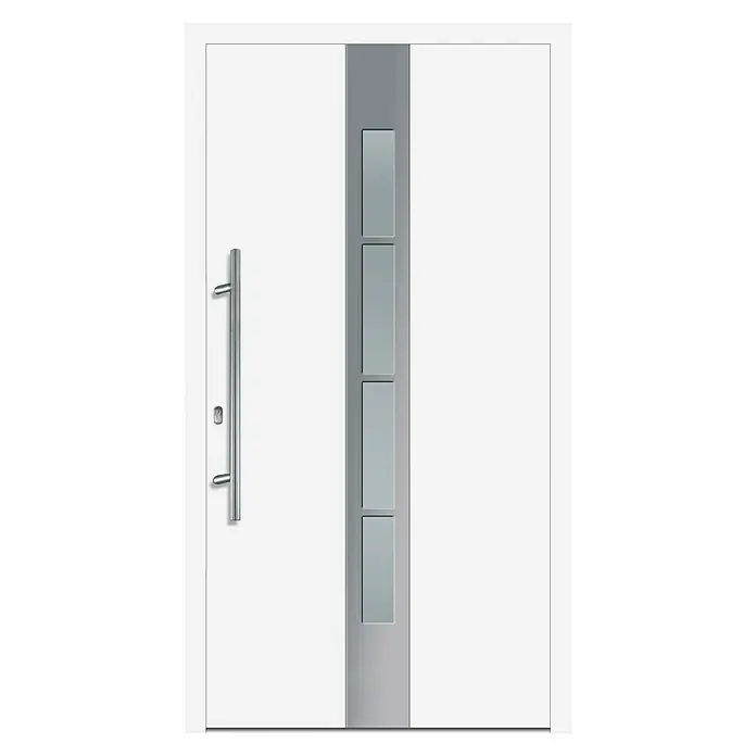 Solid Elements Haustür KA-200 - 110 x 210 cm, DIN Anschlag: Links - Weiße Haustür mit silbernem Griff und vertikalem Glaseinsatz, modernes und einladendes Design.