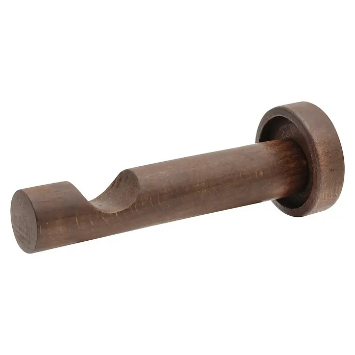 Träger Domo - 1 Stk., Ø x L: 2,8 x 16 cm, Farbe: Nussbaum - Nahaufnahme einer braunen hölzernen Gardinenstangenhalterung mit einer abgerundeten Aussparung und einer kreisförmigen Basis.