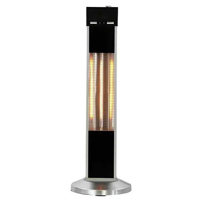 Voltomat HEATING Infrarot-Heizstrahler - 30 x 30 x 91 cm, 1.500 W, Schwarz - Nahaufnahme eines Heizstrahlers mit silbernem Rahmen, schwarzen Paneelen und hellen Heizelementen auf einem schwarzen Hintergrund.